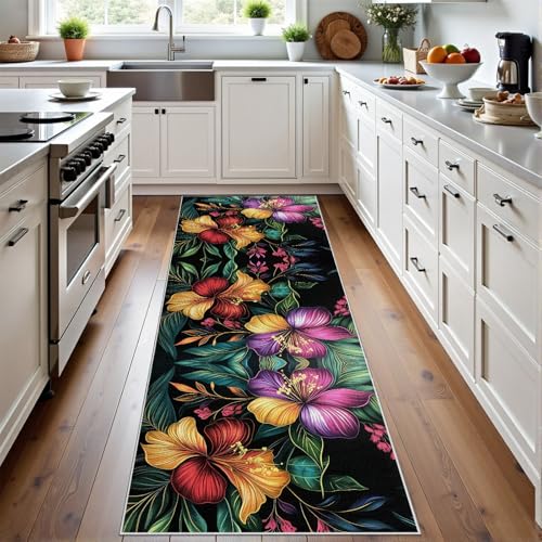 Meugesoi Vintage Blumen Hibiskus Teppich Läufer rutschfest Waschbar 80x200 cm, Tropische Pflanzen Blüten Flurteppich Küchenteppich Teppichläufer für Bettvorleger Wohnraum Flur Waschküche Meugesoi Vintage Blumen Hibiskus Teppich Läufer rutschfest Waschbar 80x200 cm, Tropische Pflanzen Blüten Flurteppich Küchenteppich Teppichläufer für Bettvorleger Wohnraum Flur Waschküche von Meugesoi