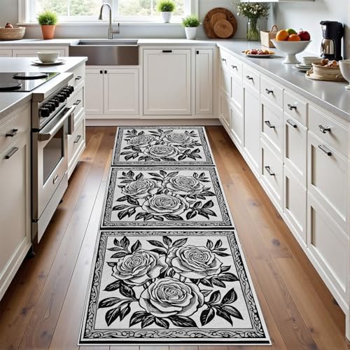 Meugesoi Vintage Blumenmuster Teppich Läufer rutschfest Waschbar 80x300 cm, Schwarz Weiß Rose Flurteppich Küchenteppich Teppichläufer für Bettvorleger Wohnraum Flur Waschküche Meugesoi Vintage Blumenmuster Teppich Läufer rutschfest Waschbar 80x300 cm, Schwarz Weiß Rose Flurteppich Küchenteppich Teppichläufer für Bettvorleger Wohnraum Flur Waschküche von Meugesoi