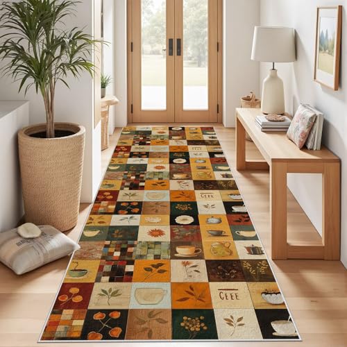 Meugesoi Vintage Patchwork Plaid Teppich Flur Läufer 60 X 240 cm Kaffeetasse Blumen Teppichläufer Küchenläufer Teppiche rutschfest Waschbar für Bettvorleger Flur Küche Waschküche von Meugesoi
