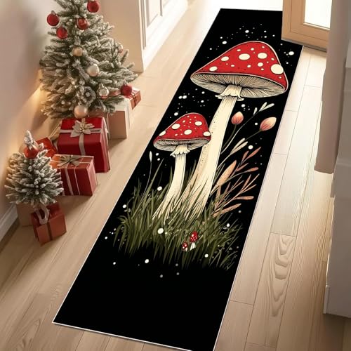 Meugesoi Wald Pilz Teppich Läufer rutschfest Waschbar 80x200 cm, Grün Gras Pflanzen Flurteppich Küchenteppich Teppichläufer für Bettvorleger Wohnraum Flur Waschküche von Meugesoi