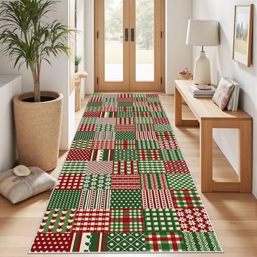 Meugesoi Weihnachten Schneeflocke Teppich Läufer 60x150 cm Vintage Plaid Patchwork Teppiche rutschfest Waschbar Bettumrandung Schlafzimmer, Teppichläufer für Küche, Flur, Eingangsbereich von Meugesoi