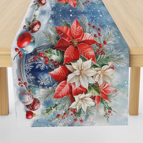 Meugesoi Weihnachtsstern Tischläufer Leinen Weihnachten Blumen Läufer Tisch Abwaschbar WaschbareRunner 30x240 cm für Küche Table Esstisch Couchtisch Party Tischdecke Dekoration von Meugesoi