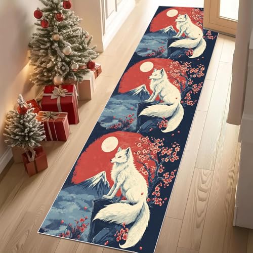 Meugesoi Weiß Fuchs Berg Fuji Teppich Läufer 60x120 cm Japanische Stil Kirschblüten Carpet rutschfest Waschbar Bettumrandung Schlafzimmer, Teppichläufer für Küche, Flur, Eingangsbereich von Meugesoi