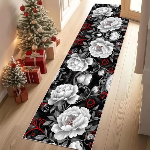 Meugesoi Weiß Pfingstrose Teppich Flur Läufer 60 X 240 cm Vintage Chinesischer Stil Teppichläufer Küchenläufer Teppiche rutschfest Waschbar für Bettvorleger Flur Küche Waschküche Meugesoi Weiß Pfingstrose Teppich Flur Läufer 60 X 240 cm Vintage Chinesischer Stil Teppichläufer Küchenläufer Teppiche rutschfest Waschbar für Bettvorleger Flur Küche Waschküche von Meugesoi