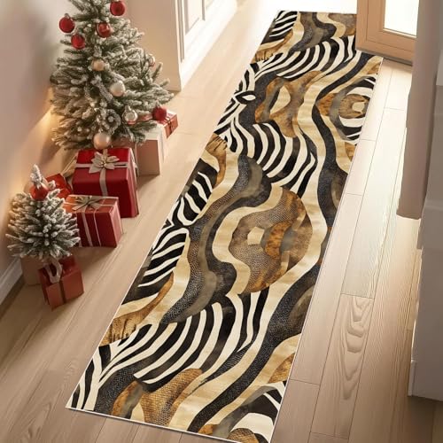 Meugesoi Zebra-Print Teppich Läufer rutschfest Waschbar 80x200 cm, Tierdruck Flurteppich Küchenteppich Teppichläufer für Bettvorleger Wohnraum Flur Waschküche von Meugesoi