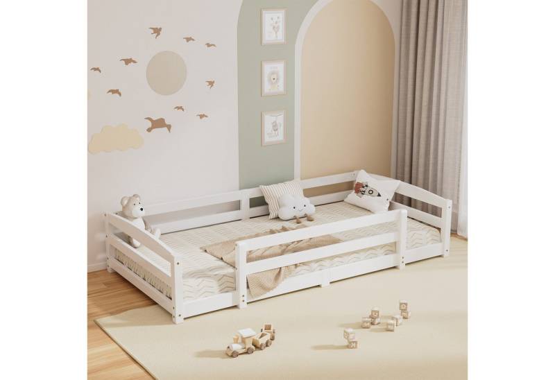 Meulbaty Kinderbett Montessori Bodenbett 90x200cm mit Rausfallschutz & Kiefern-Lattenrost (1-tlg), mit dreiseitigem Schutz, 90×200cm, weiß von Meulbaty