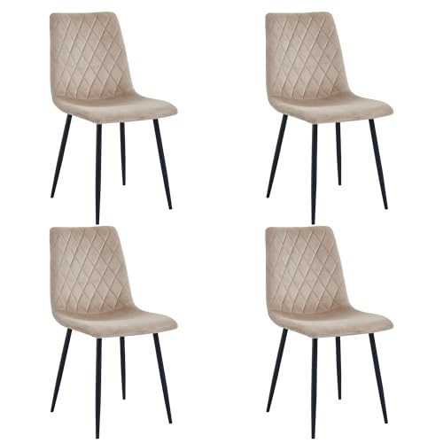 Esszimmerstühle 4er Set Beige – Samt Gepolstert mit Rautensteppung – Metallbeine Schwarz – Moderner Polsterstuhl für Küche & Wohnzimmer von Mevsim Store
