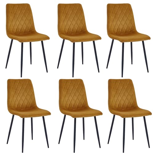 Esszimmerstühle 6er Set Ockergelb – Samt Gepolstert mit Rautensteppung – Metallbeine Schwarz – Moderner Polsterstuhl für Küche & Wohnzimmer von Mevsim Store