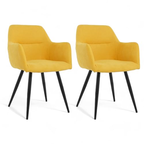 Esszimmerstühle 2er Set Gelb - Küchenstuhl aus Leinenstoff - Polsterstuhl-Wohnzimmerstuhl Sessel mit Armlehnen-Schwarz Pulverbeschichtete Metallbeine von Mevsim Store
