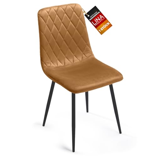 Esszimmerstuhl Ockergelb – Samt Gepolstert mit Rautensteppung – Metallbeine Schwarz – Moderner & Bequemer Polsterstuhl für Küche & Wohnzimmer von Mevsim Store