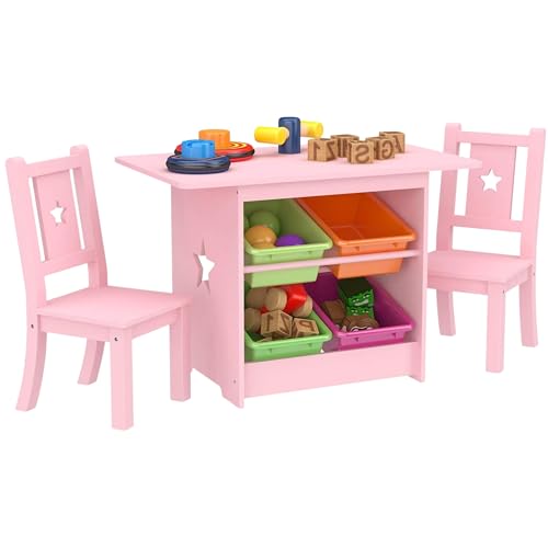 Kinder Tisch und Stuhl Set - Massivholz und Rosa - Tisch mit 4 Aufbewahrungsboxen, Star Design Kinderschreibtisch mit 2 Stühlen - Umweltverträgliche von Mevsim Store