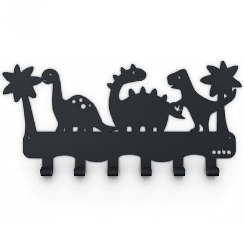 Kindergarderobe - Kinderzimmer - 6 Haken - 42x21 cm - Dinosaurier - Garderobe zum Aufhängen - Metall - Mat Schwarz - Wandgarderobe - Mit Halterungen von Mevsim Store