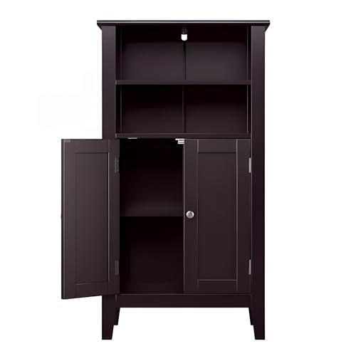 Mevsim Store Badezimmerschrank, Badschrank Beistellschrank Kommode Mehrzweckschrank, mit 4 Fächer Doppeltür, verstellbare Ablage, aus MDF, Dunkelbraun von Mevsim Store