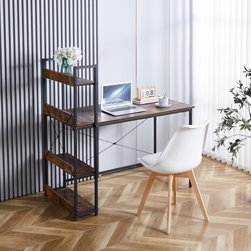 Mevsim Store Computertisch - 120x60x75 cm Holz & Metall PC-Schreibtisch, Büroarbeitsplatz mit 4 Regalen, verstellbaren Füßen und einfacher Montage für Home Office & Wohnzimmer von Mevsim Store