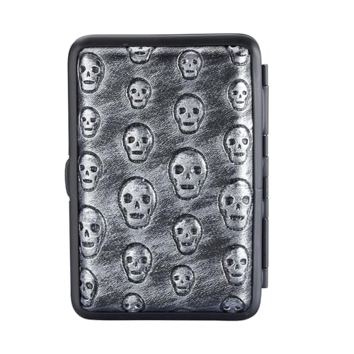 Mevsim Store Zigarettenetui Silber Grau Totenkopf Design – Für 12 Zigaretten – Außen Kunstleder, Innen Metall – Kompakt, Robust & Stilvoll – Edles Raucheretui für Damen & Herren von Mevsim Store