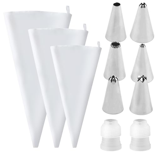 3 Stück Profi Spritzbeutel, 30/35/40 cm Spritzbeutel mit 6 Tüllen und 2 Kuchentüllen, Beschichteter Baumwoll Piping Bag Wiederverwendbar Spritztüllen Set für Sahne Gebäck Kuchen Cupcakes Torten von Mewtush