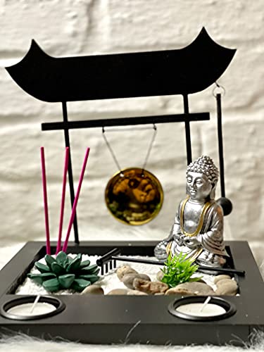 Mex Zen Garten mit Gong auf Platte Deko Set Buddha Teelichthalter mit Räucherstäbchen Figur Deko Buddhismus Entspannungsset in Silber von Mex