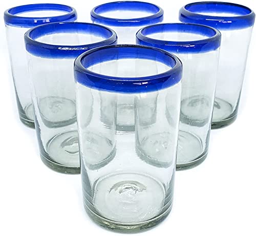 Mexican Blown Glass Drinking Glasses Cobalt Blue Rim (Set of 6) by MEXHANDCRAFT von MexHandcraft