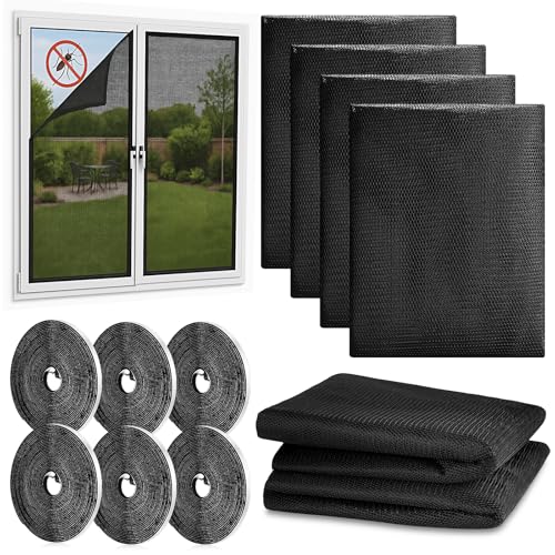 Mexgcom 6 Stück Fliegengitter Fenster, 130 x 150cm Insektenschutz Fenster mit Klettband Selbstklebend, Moskitonetze für Fenster schützen die Familie vor Insekten (Schwarz) von Mexgcom