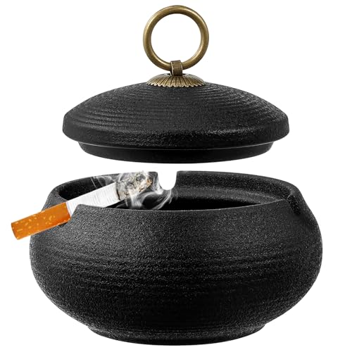 Mexgcom Aschenbecher mit Deckel, Robuster Sturmaschenbecher für Draußen, Windaschenbecher aus Schwarzer Keramik, Ideal für Terrasse, Balkon und Garten, Aschenbecher für den Outdoor Bereich von Mexgcom