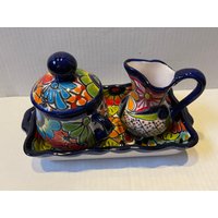 Talavera 3 Teiliges Set Milchkännchen, Zucker Und Tablett Kaffee Oder Tee Set Schönen Farben von MexicanMercado