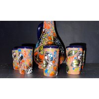 Terrakotta-Kobaltblau-Set Mit 1 Karaffe Und 7 Passenden Schnapsgläsern, Wunderschön Handbemalt Mehrfarbigen Terrakotta von MexicanMercado