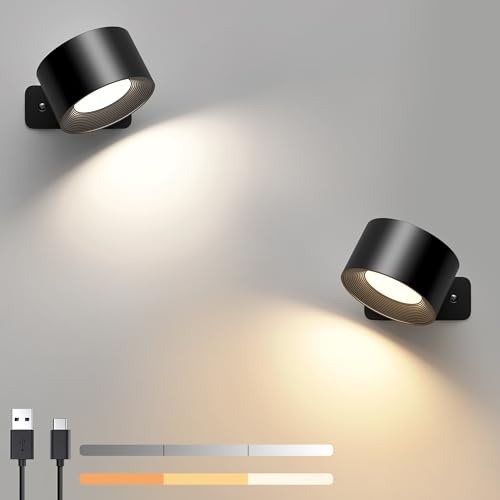 LED Wandleuchte Innen 2 Stück, 3 Helligkeitsstufen 3 Farbmodi Nachttischlampe, 360° Drehbare Touch Control Wandlampen, Wandlampe für Wohnzimmer Schlafzimmer Flur Kabellose Wandleuchten (Schwarz) von Mexllex