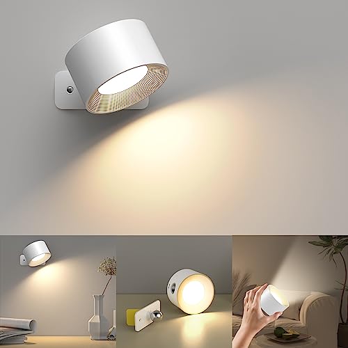 Wandleuchte Innen, Wandlampe mit Akku,3 Farbe und 3 Helligkeitsstufen LED 360° Drehbare Touch Control Kabellose Lampe Einstellbar (Weiss) von Mexllex