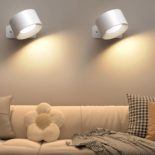 Mexllex Wandleuchte Innen 2 Stück, Wandlampe mit USB-Aufladung, 3 Farbe und 3 Helligkeitsstufen LED Wandleuchte Innen 360° Drehbare Touch Control Wandlampen Kabellose Wandleuchten (Weiss) von Mexllex