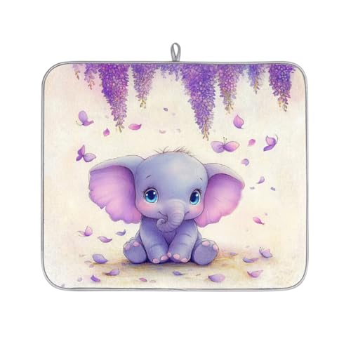 Mexpekil Abtropfmatte, Elefant mit violetten Blumen, saugfähige Abtropfmatte, Küchentheke, rutschfeste Abtropfmatten für Geschirr, Tassen, Pfannen, 40,6 x 45,7 cm von Mexpekil