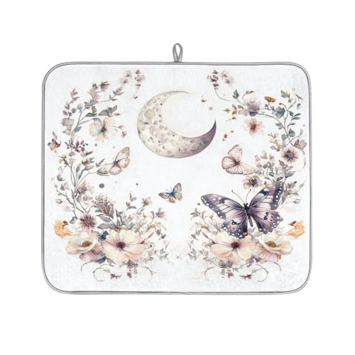 Mexpekil Abtropfmatte, Motiv: Aquarell, Mond, Schmetterlinge, Blumen, saugfähig, Abtropfmatte, Küchentheke, rutschfeste Abtropfmatte für Geschirr, Regale, Tassen, Pfannen, 40,6 x 45,7 cm von Mexpekil