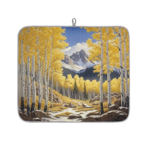 Mexpekil Abtropfmatte, Motiv: Bergwald mit gelben Bäumen, saugfähige Abtropfmatte, Küchentheke, rutschfeste Abtropfmatten für Geschirr, Regale, Tassen, Pfannen, 40,6 x 45,7 cm von Mexpekil