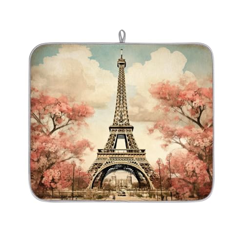 Mexpekil Abtropfmatte, Motiv: Paris Eiffelturm, Blume, Malerei, saugfähig, Abtropfmatte, Küchentheke, rutschfeste Abtropfmatte für Geschirr, Regale, Tassen, Pfannen, 40,6 x 45,7 cm von Mexpekil