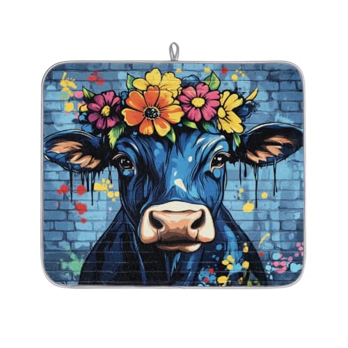 Mexpekil Abtropfmatte, Motiv: blaue und schwarze Kuh mit bunten Blumen, saugfähige Abtropfmatte, Küchentheke, rutschfeste Abtropfmatte für Geschirr, Tassen, Pfannen, 40,6 x 45,7 cm von Mexpekil