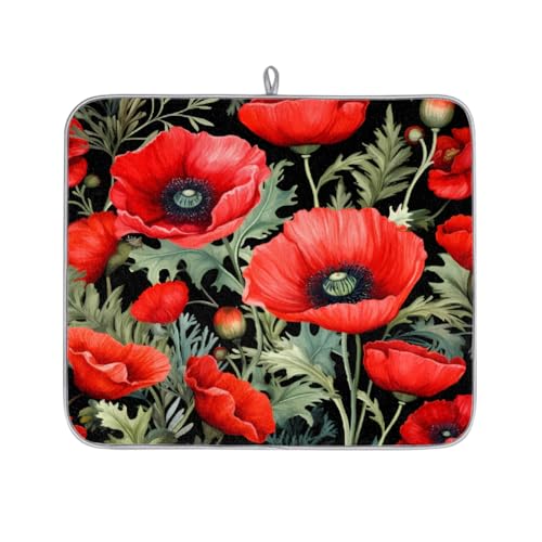 Mexpekil Abtropfmatte, Motiv: rote Mohnblumen, Blumenblätter, saugfähig, für Küchentheke, rutschfeste Abtropfmatten für Geschirr, Tassen, Pfannen, 40,6 x 45,7 cm von Mexpekil