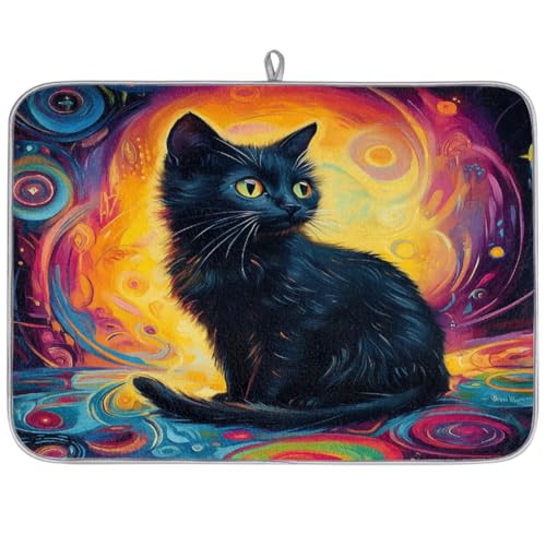 Mexpekil Abtropfmatte, niedliche schwarze Katze auf psychedelischem Hintergrund, Küchenabtropfmatte, Kaffeepad, Küchentheke, Matte für Geschirr, Kaffee, Bar, Arbeitsplatten, 45,7 x 61 cm von Mexpekil