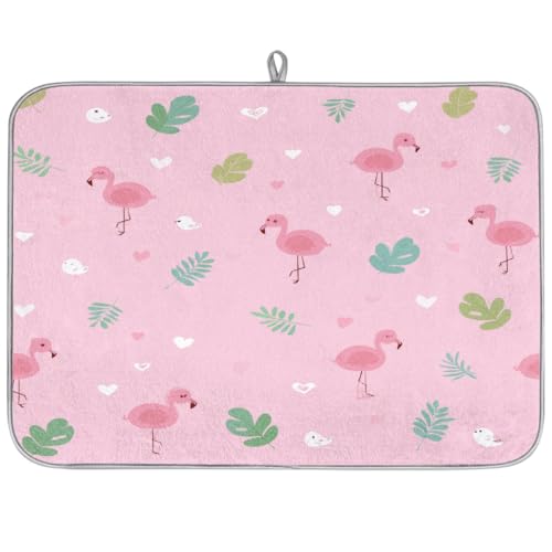 Mexpekil Abtropfmatte, rosa Flamingo mit grünen Blättern, Küchen-Abtropfmatte, Kaffeepad, Küchentheke, Matte für Geschirr, Kaffee, Bar, Arbeitsplatten, 45,7 x 61 cm von Mexpekil