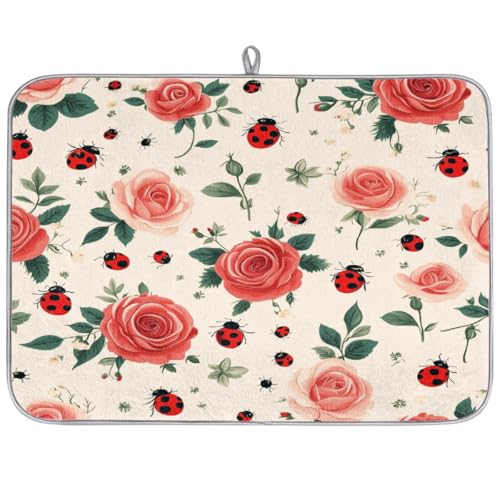 Mexpekil Abtropfmatte, rote Marienkäfer und rosa Rose, Abtropfmatte, Kaffeepad, Küchentheke, Matte für Geschirr, Kaffee, Bar, Arbeitsplatten, 45,7 x 61 cm von Mexpekil