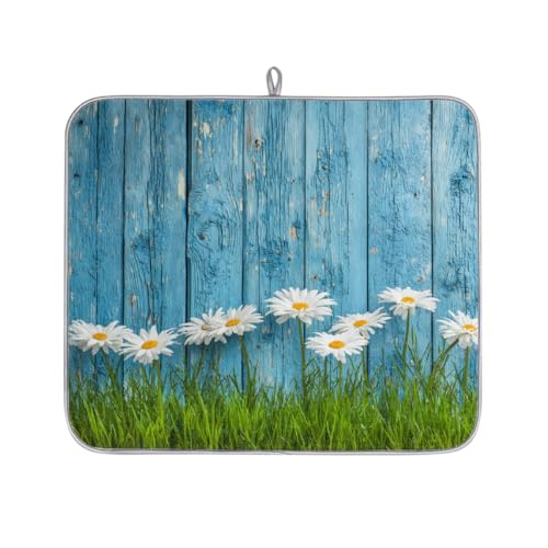 Mexpekil Abtropfmatte aus blauem Holz mit Gänseblümchen, saugfähige Abtropfmatte, Küchentheke, rutschfeste Abtropfmatten für Geschirr, Regale, Tassen, Pfannen, 40,6 x 45,7 cm von Mexpekil