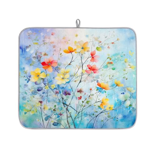Mexpekil Abtropfmatte mit Aquarell-Blumenmalerei, saugfähige Abtropfmatte für Küchentheke, rutschfeste Abtropfmatten für Geschirr, Tassen, Pfannen, 40,6 x 45,7 cm von Mexpekil