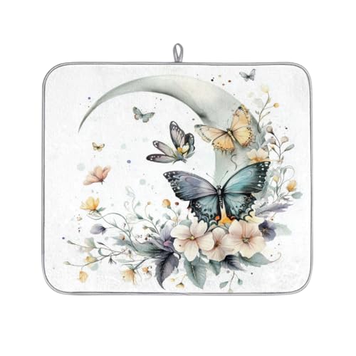 Mexpekil Abtropfmatte mit Aquarell-Schmetterlingen, Blumen, Mond, saugfähige Abtropfmatte, Küchentheke, rutschfeste Abtropfmatte für Geschirr, Regale, Tassen, Pfannen, 40,6 x 45,7 cm von Mexpekil