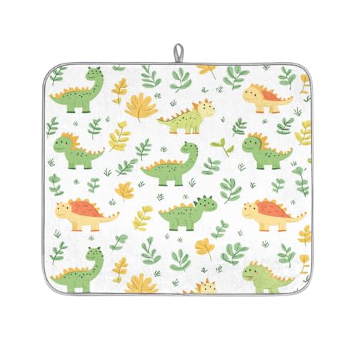 Mexpekil Abtropfmatte mit Cartoon-Dinosaurier-Blättern, saugfähiges Abtropfpad, Küchentheke, rutschfeste Abtropfmatten für Geschirr, Tassen, Pfannen, 40,6 x 45,7 cm von Mexpekil