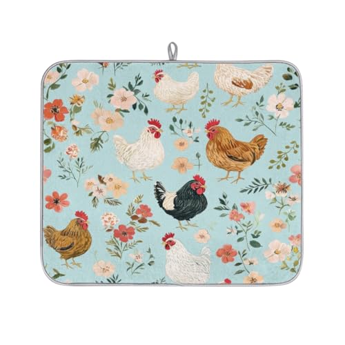 Mexpekil Abtropfmatte mit Huhn und Blumen, saugfähig, für Küchentheke, rutschfeste Abtropfmatten für Geschirr, Tassen, Pfannen, 40,6 x 45,7 cm von Mexpekil
