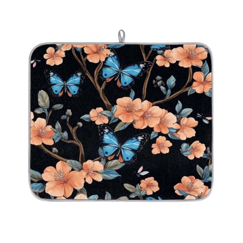 Mexpekil Abtropfmatte mit Pfirsichblüten und blauen Schmetterlingen, saugfähige Abtropfmatte, Küchentheke, rutschfeste Abtropfmatten für Geschirr, Regale, Tassen, Pfannen, 40,6 x 45,7 cm von Mexpekil