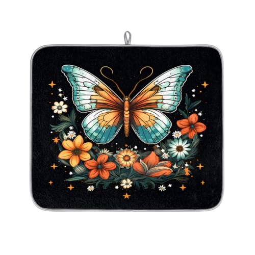 Mexpekil Abtropfmatte mit Schmetterlings-Blumen-Motiv, saugfähige Abtropfmatte, Küchentheke, rutschfeste Abtropfmatte für Geschirr, Tassen, Pfannen, 40,6 x 45,7 cm von Mexpekil
