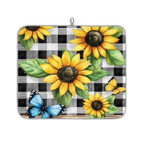 Mexpekil Abtropfmatte mit Sonnenblumen-Motiv, saugfähig, rutschfest, für Geschirr, Tassen, Pfannen, 40,6 x 45,7 cm, Schwarz und Weiß kariert von Mexpekil