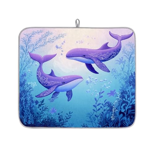 Mexpekil Abtropfmatte mit Wal-Motiv, saugfähig, für Küchentheke, rutschfest, für Geschirr, Tassen, Pfannen, 40,6 x 45,7 cm, Blau und Violett von Mexpekil