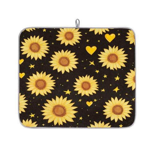 Mexpekil Abtropfmatte mit gelben Sonnenblumen, Sternen, Herz, saugfähig, Abtropfmatte, Küchentheke, rutschfeste Abtropfmatten für Geschirr, Tassen, Pfannen, 40,6 x 45,7 cm von Mexpekil