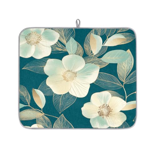 Mexpekil Abtropfmatte mit goldenen Blumen und Blättern, saugfähig, für Küchentheke, rutschfeste Abtropfmatten für Geschirr, Tassen, Pfannen, 40,6 x 45,7 cm von Mexpekil