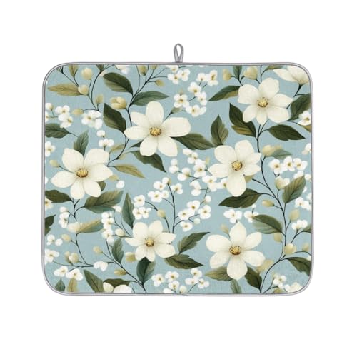 Mexpekil Abtropfmatte mit grünen Blättern und weißen Blumen, saugfähig, für Küchentheke, rutschfeste Abtropfmatten für Geschirr, Tassen, Pfannen, 40,6 x 45,7 cm von Mexpekil